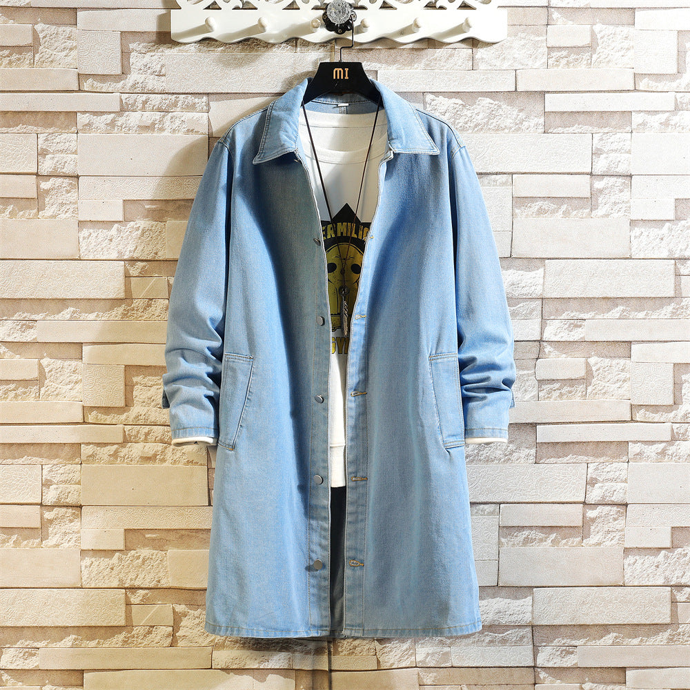 Men's Denim Trench Coat, Mid-Length, Autumn and Winter, Japanese Style, Trendy Brand, Plus Size, Vintage, Loose, Casual, Lapel Jacket