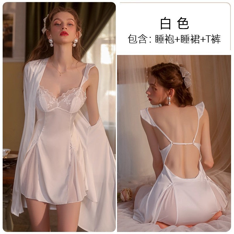 Sexy Women's Nightgown with Straps and Chest Pads, New Lace Summer Ice Silk Nightdress, Home Wear Set with a High-End Feel