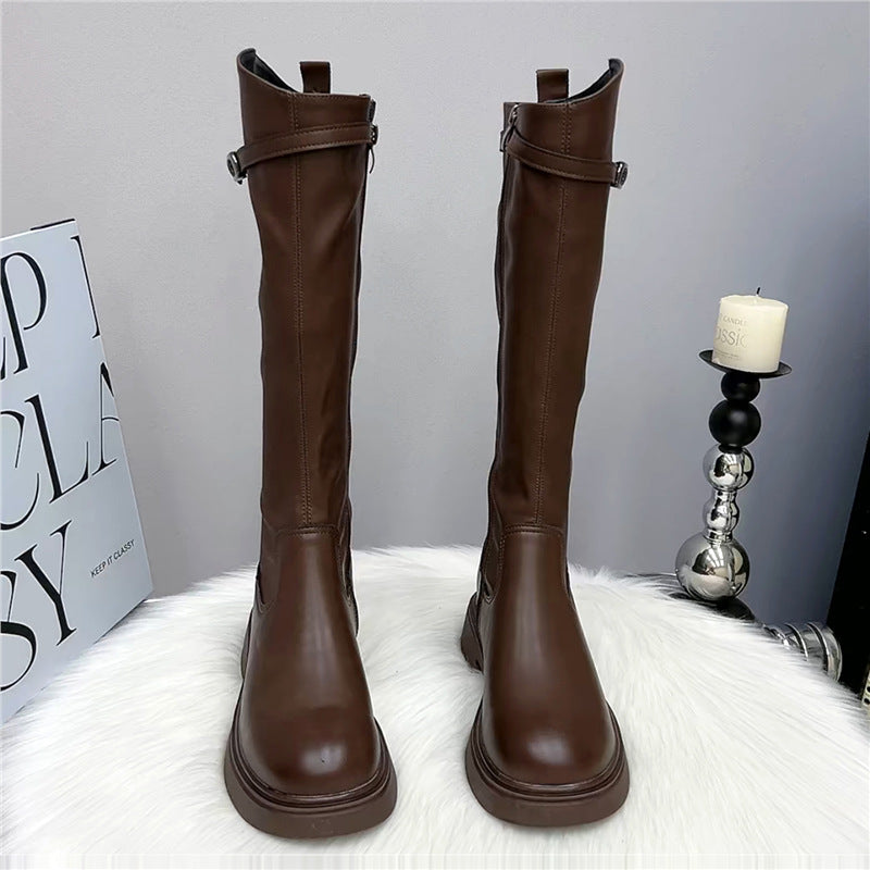 Genuine Leather Thick-Soled Boots for Women 2025 Autumn and Winter New V-Mouth High Knight Boots for Small People but No More Than Knee Boots for Women