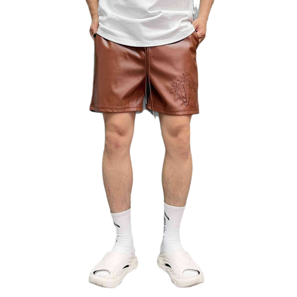 300g Eco-friendly PU Leather American Style Vintage Men's Foil Leather Embroidered Leather Shorts Loose Casual All-match Fashion Leather Pants
