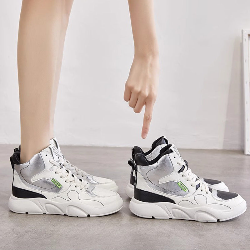 Genuine Leather High-Top Sneakers for Women 2025 Spring White Shoes for Women Korean Style Breathable Casual Sports Sneakers for Women Comfortable