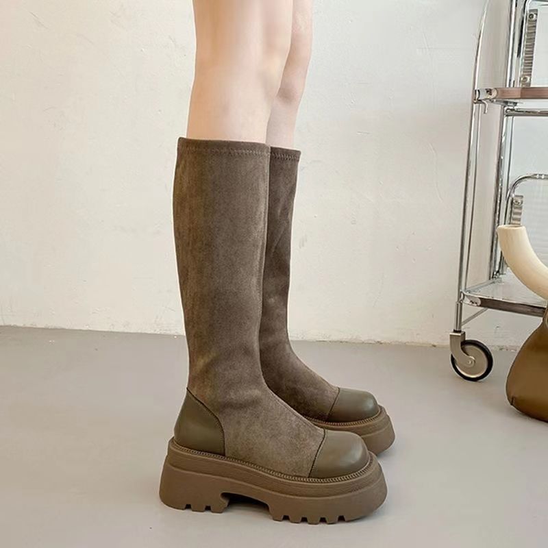 Long Boots for Women 2025 New Thick-Soled High Elastic Boots Retro Boots for Women Autumn and Winter Fleece-Lined High-Heeled Slim Boots