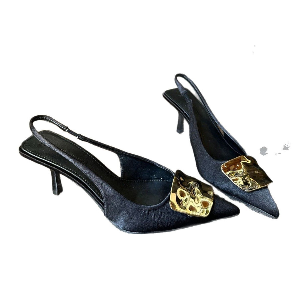 girls Design-Inspired Niche High Heels 2025 Spring/Summer New Simple Fashion Single Shoes with Metal Buckle Pointed Toe Shallow Mouth Closed-Toe Single Shoes