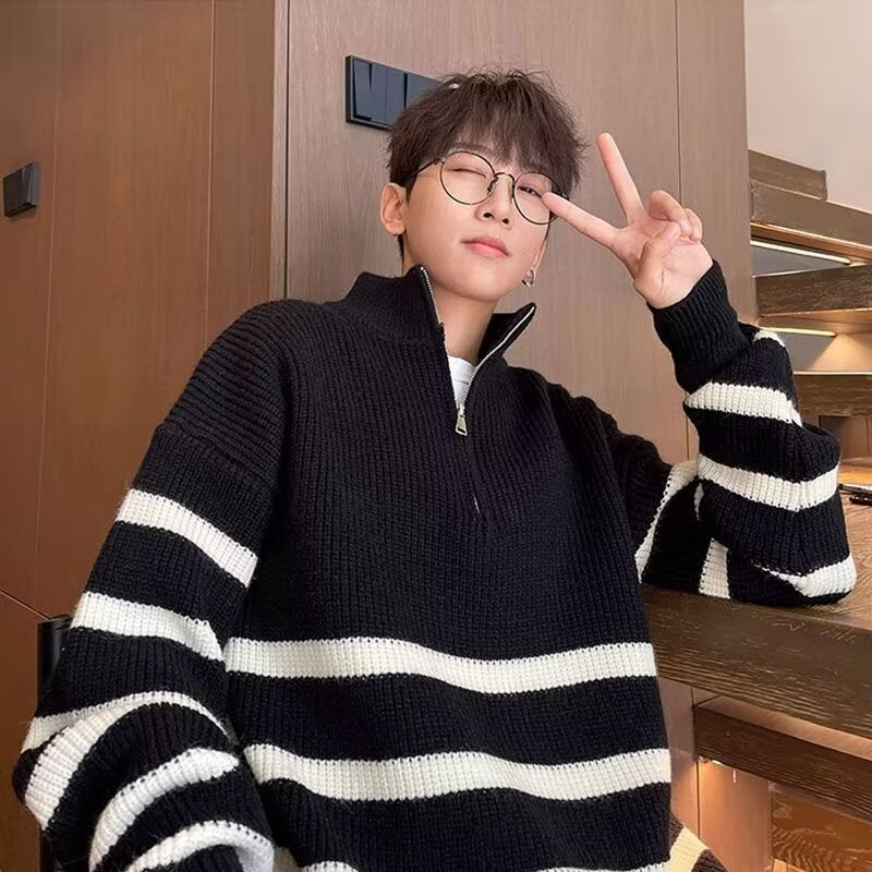 Half Zip Vertical Collar Sweater Men's 2024 Autumn and Winter Lazy Style Loose Striped Sweater Coat Sweater Trend