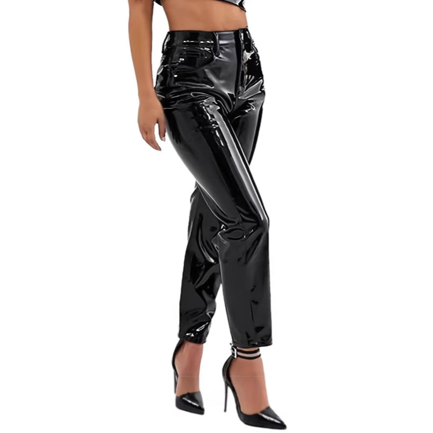 Cross-Border Export Pu Leather Pants for Women European and American Amazon Women's Clothing Wish Glossy Leather Nightclub Street Nine-Point Casual Pants