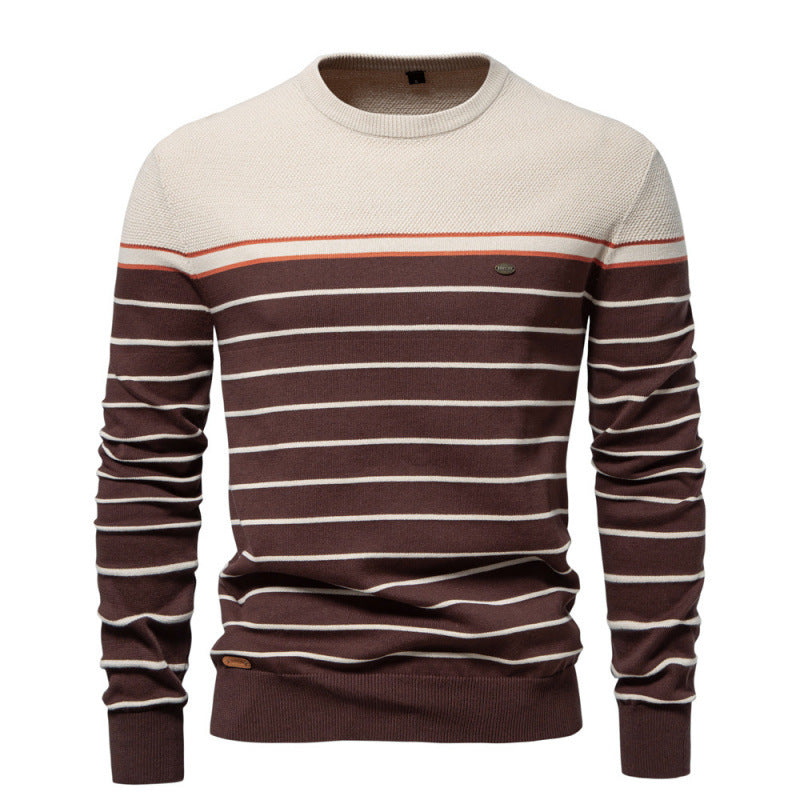 2024 autumn and winter new striped color matching long sleeve men's sweater fashion round neck men's casual sweater