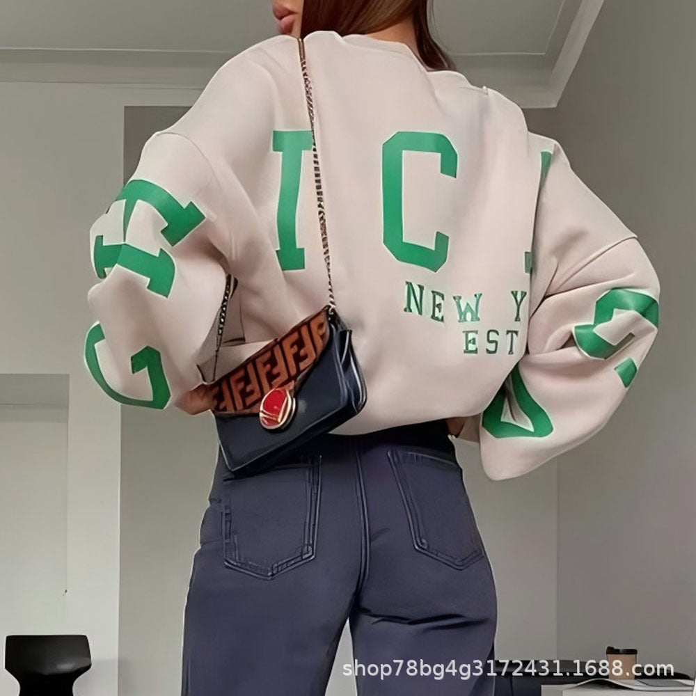 Autumn and Winter New Sweatshirt Women's Clothing Amazon Hot-Selling Loose Top Long-Sleeved Fleece-Lined Color-Blocked Ribbed Sweatshirt for Women