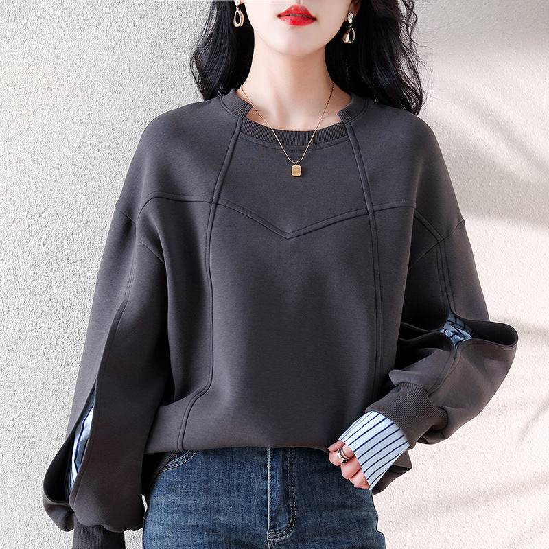 Real shot new ribbed neckline striped stitching top design sense irregular dividing line women's sweater