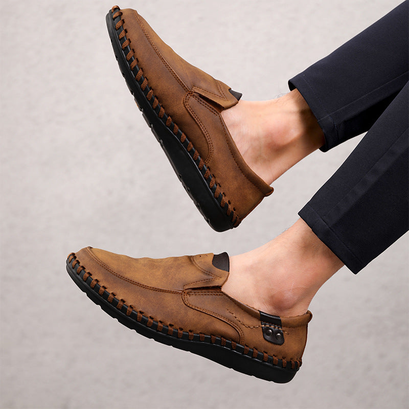 48 Large Size Low-Top Loafers for Men, Genuine Leather Hand-Stitched Slip-On Moccasins, Rubber Non-Slip Work Shoes