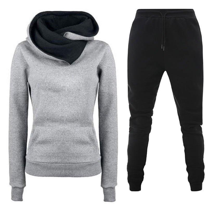 Cross-border autumn and winter thickened fleece casual sportswear solid color women's irregular hoodie sweatshirt sweatpants suit
