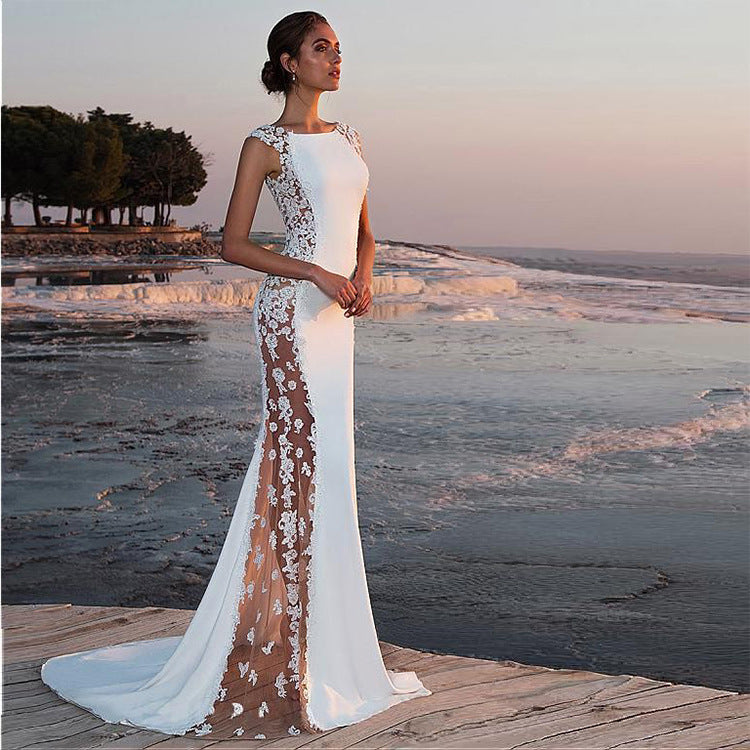 Cross-border European and American Evening Dress Lace Stitching Super Long Dress Vacation Sexy Hollow Female Amazon Factory