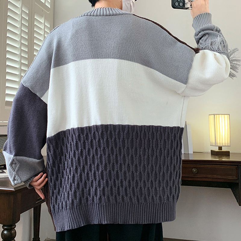 Spliced Personalized Knitted Cardigan Jacket for Men in Autumn and Winter, Trendyy Brand, Loose Sweater for Men, Lazy Style Knitted Sweater