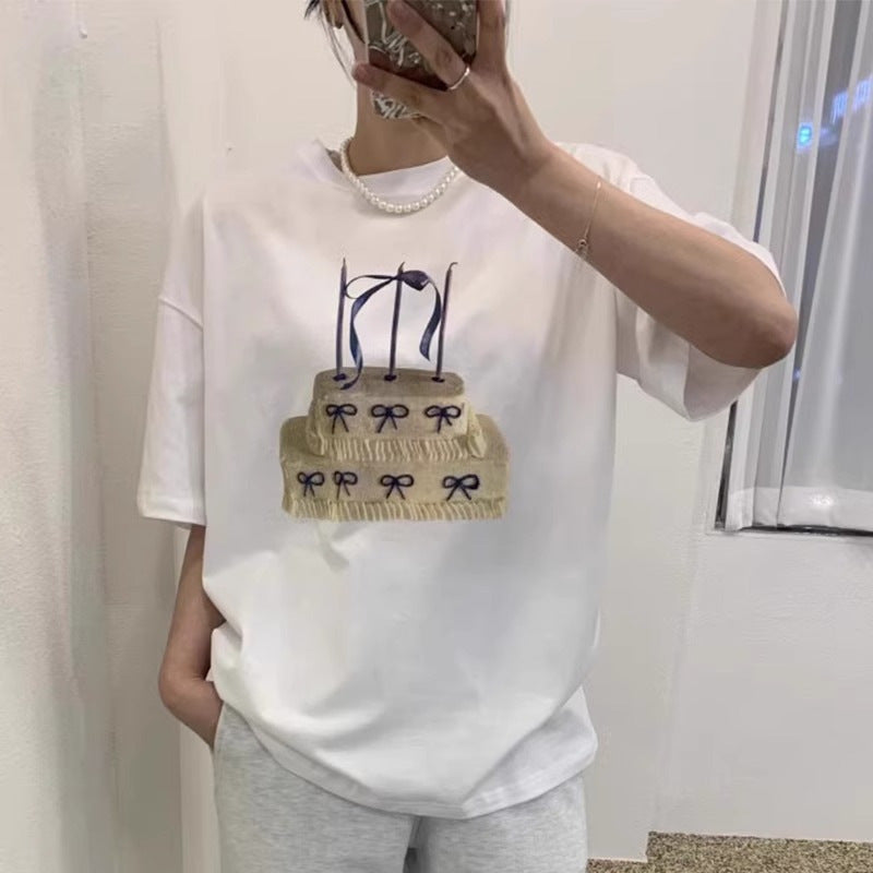 American Retro White Short-Sleeved T-Shirt for Women New Design Niche Summer Loose Cotton Top White T-Shirt