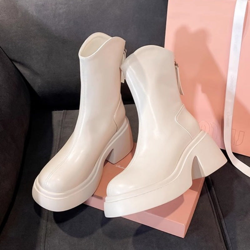White V-Mouth High-Heeled Short Boots for Women, Autumn and Winter Thick-Soled Elastic Slim Boots, Thick Heels, Versatile Slimming Short Boots