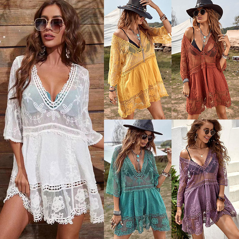 New European and American cotton pullover blouse Beach short skirt bikini blouse seaside holiday skirt swimsuit sun protection clothing for women
