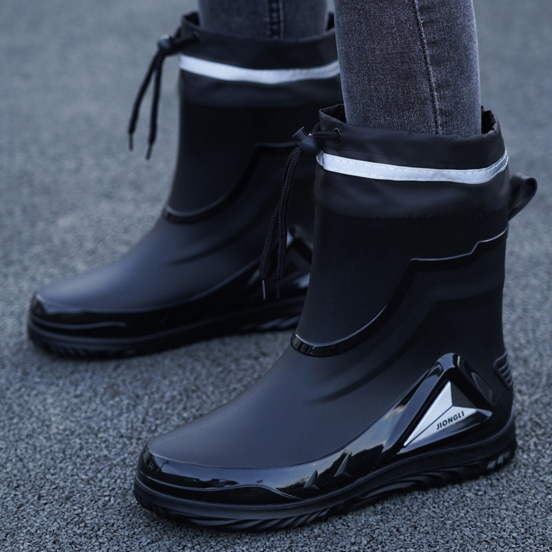 Men's Rain Boots with Cuffs, New Waterproof Shoes, Outdoor Drawstring Boots, Kitchen Non-Slip Work Rubber Shoes, Fleece-Lined Warm Rain Boots