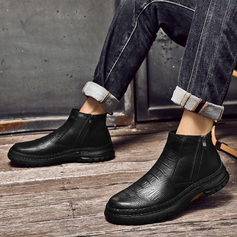 Men's Shoe Top Layer Cowhide Short Boots Business Leather Boots Outdoor Casual Autumn and Winter High Top Zipper Set Foot Crocodile Cotton Boots