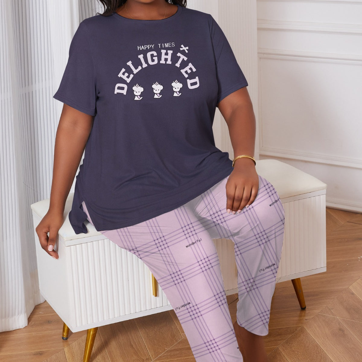 Cross-border plus size Pajamas Women's Spring and Summer Wearing English Printed Short-sleeved Plaid Cropped Pants Pajamas Two-piece Set