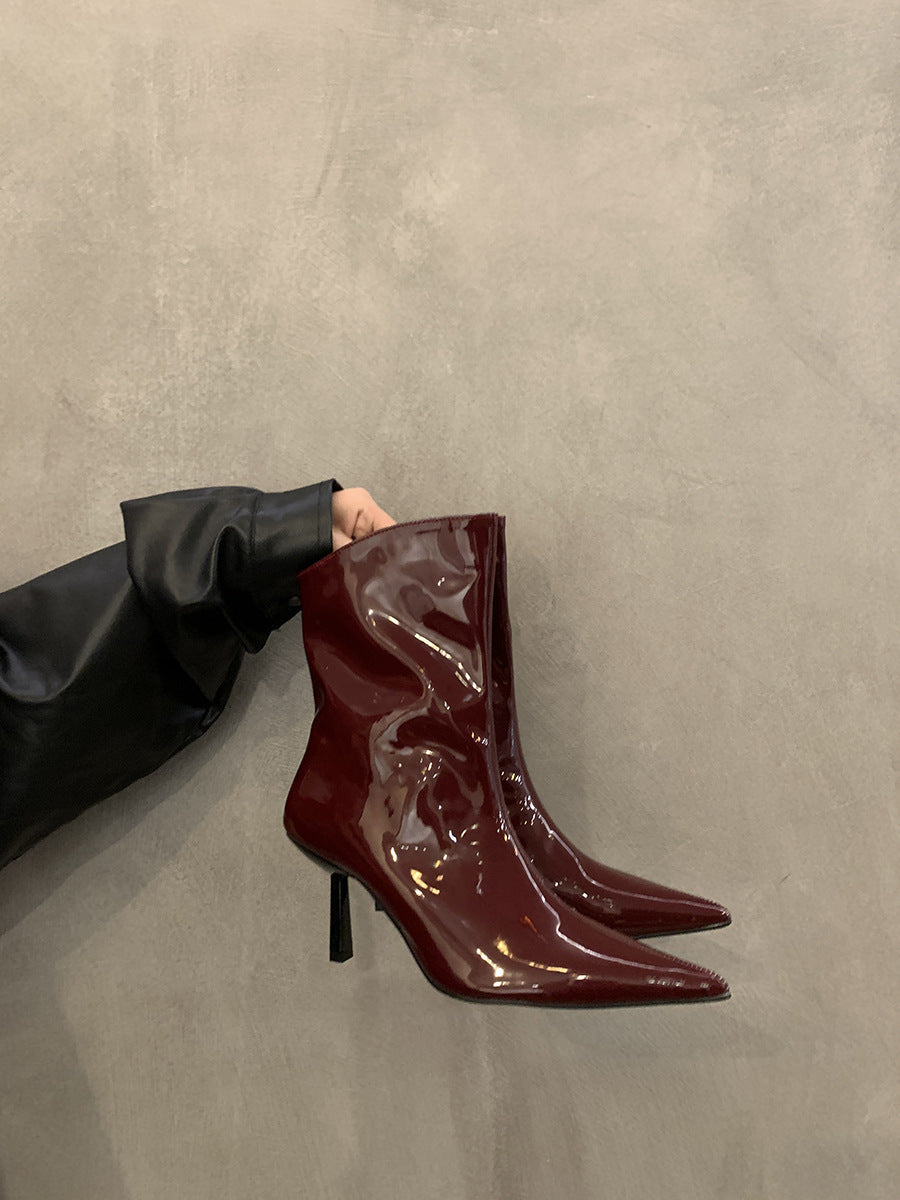 Pointed Toe Patent Leather Red Short Boots for Women 2025 Spring & Fall New Slim Stiletto Short Boots High Heels Slim Boots Nude Boots