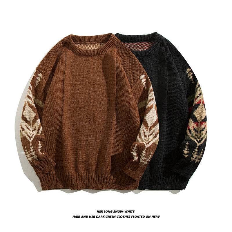Autumn and Winter Vintage Ethnic Style Thickened Sweater Men's Ins American Style Lazy Style Round Neck Sweater Distinctive Base Sweater