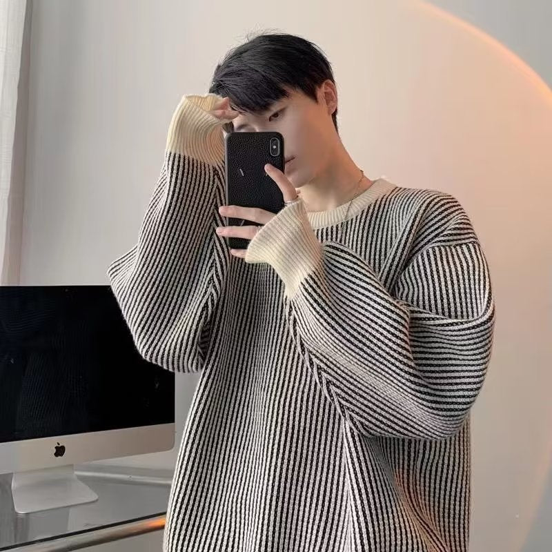 Autumn and Winter New Small Striped Sweater Men's Couple Casual Knitted Sweater Personalized All-match Fashion Contrast Color Base Shirt Jacket
