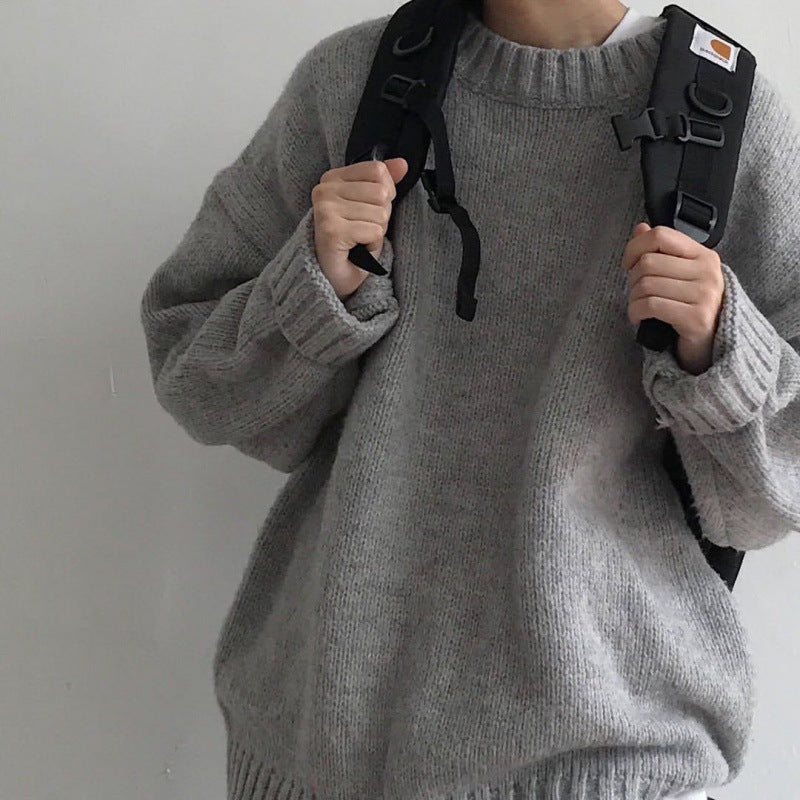 Autumn and Winter Couple Sweater Men's and Women's Japanese Style Vintage Solid Color Loose Crewneck Pullover Sweater Lazy Style Knitted Sweater