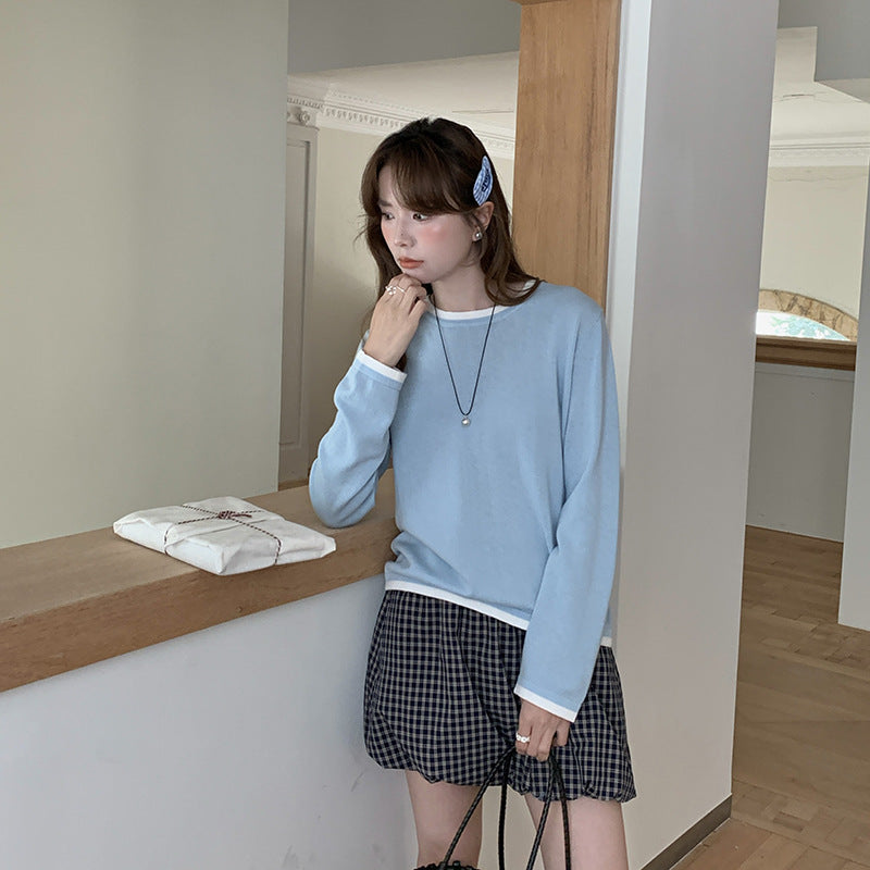 New Spring and Summer Women's Knitted Sweaters, Cotton Round Neck Contrasting Bottoming Shirts, Loose and Simple Elegant Inner Tops Wholesale