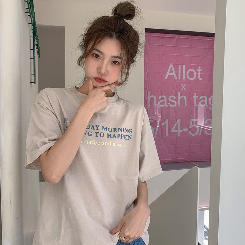 Korean Letter Printed Loose Short-Sleeved T-Shirt for Women Summer Casual Tops Student Couple Wear Bottoming Shirt Women's Clothing Trbottomy
