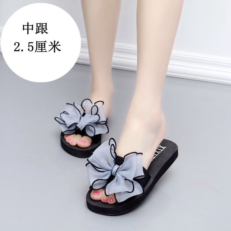 Mid-summer high-heeled slipper butterfly flower women's beach shoes thick-soled sandals and slippers Korean-style non-slip slippers for women