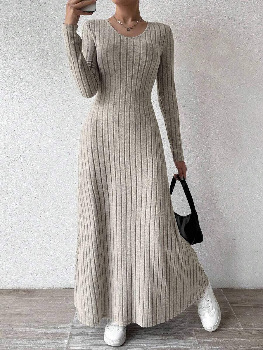 Slim Fashion Women's Knitted Pure Color Long-Sleeved A-Line Street Long Skirt for Women