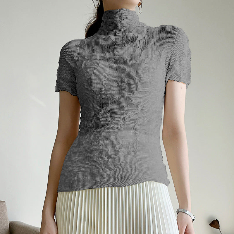Pleated Tops Women's Bottoming Shirt Summer New Elegant High Collar Slim Fit Miyake Thin Short-Sleeved T-Shirt for Women