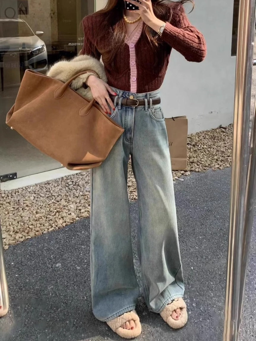 Light-Colored Wide-Leg Jeans for Women, High-Waisted and Drapey, 2025 Spring New Style, Fashionable, Simple, Loose, Slimming Straight-Leg Pants