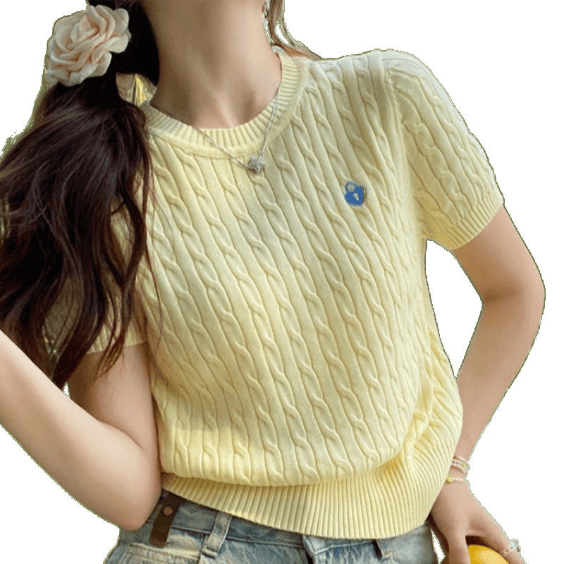 Short-Sleeved T-Shirt for Women in Summer, New Slim Fit, Versatile Yellow Twist Retro Short Knitwear, Fashionable…