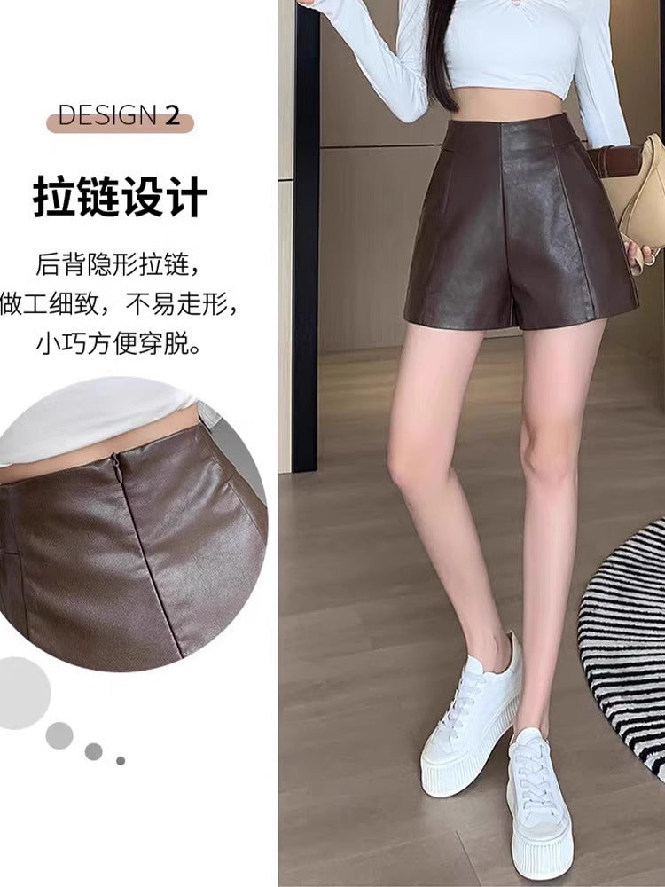 Pu Leather Shorts for Women 2023 Spring and Summer New A-Line Leather Pants Slimming High-Waisted Loose Wide-Leg Petite Boot Shorts