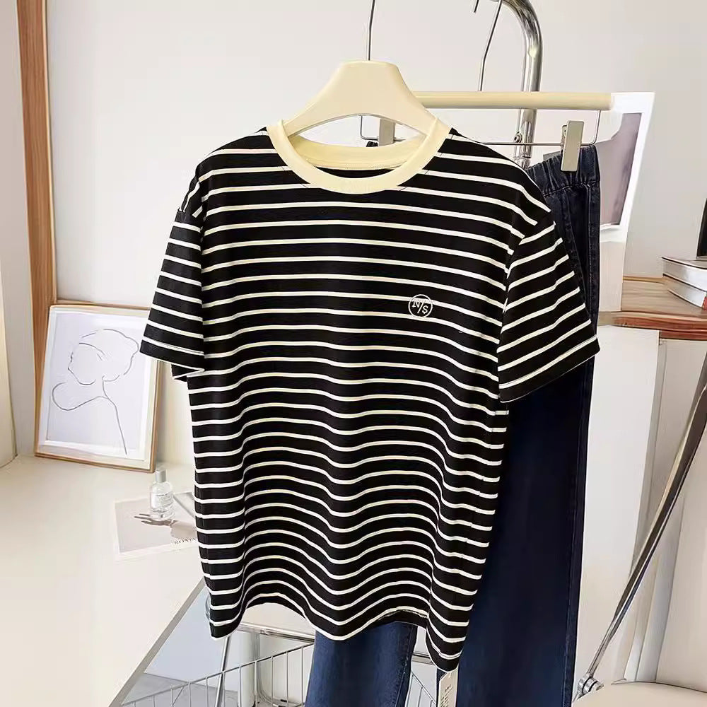 Summer New Korean Style Pure Cotton Loose Embroidered Striped Short-Sleeve T-Shirt for Women, Fashionable Color-Blocking Pullover Versatile Top