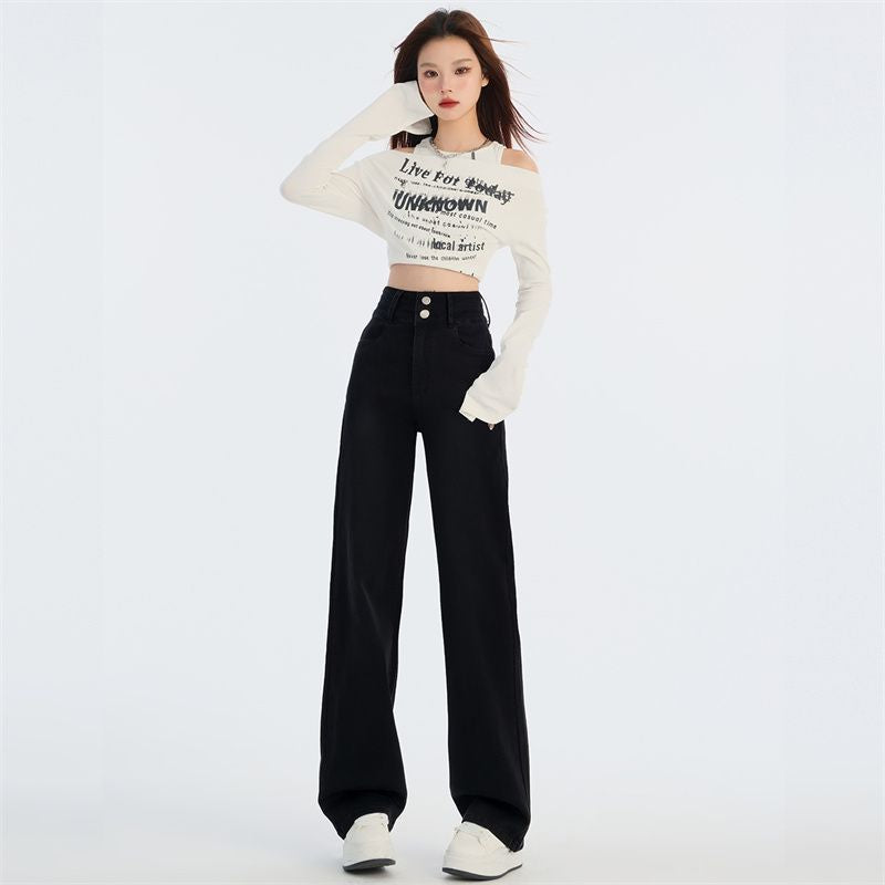 2024 Autumn and Winter New High Waist Double Buckle Slimming Stretch Narrow Straight Jeans for Women JEANS WOMEN