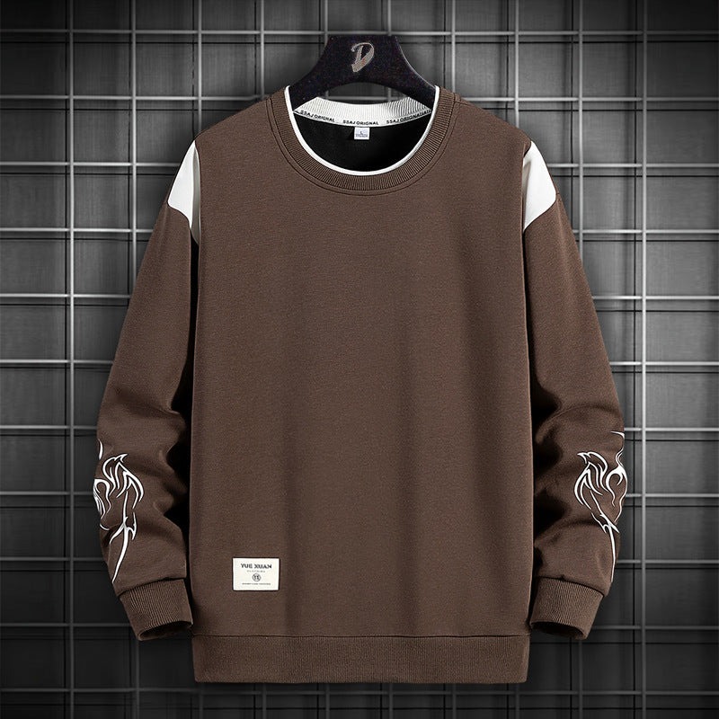 Spring and Autumn New Double Fake Two-piece Cotton Crewneck Sweaters Men's Street Fashion Long Sleeve Sweaters Cross-border Foreign Trade
