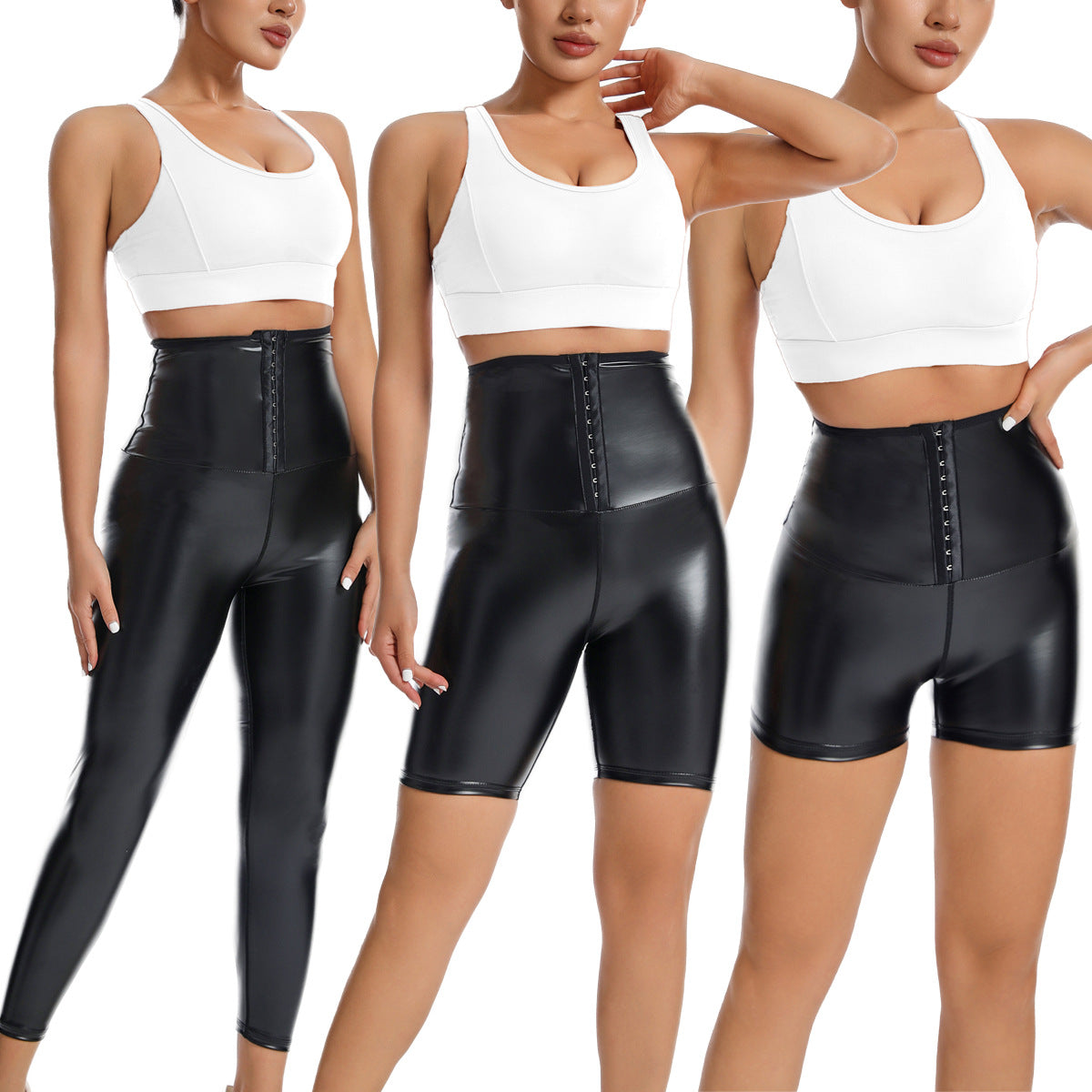 Cross-Border Tight-Fitting Butt-Lifting Leather Pants for European and American Women, Buttoned Body-Shaping Pants, Sexy Corset, High-Waisted Sports and Leisure