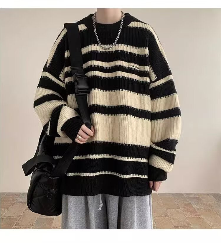 Autumn and Winter New Men's Sweater Loose Round Neck Striped Sweater Men's Fashionable Contrast Color Pullover Warm Top Clothes