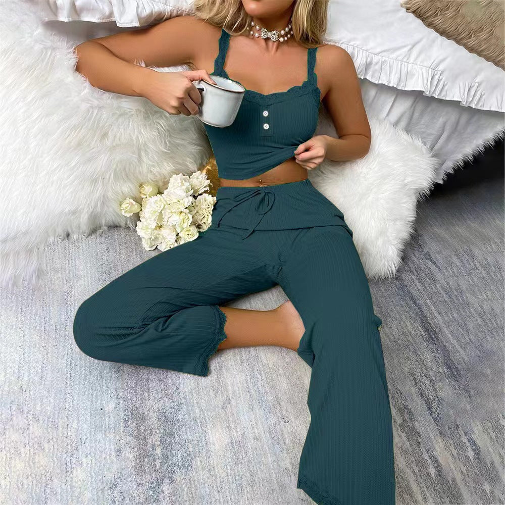 Cross-Border Casual Pajamas Lace Trim Camisole and Long Pants European and American Women's Loungewear Two-Piece Set Custom Sexy Lace