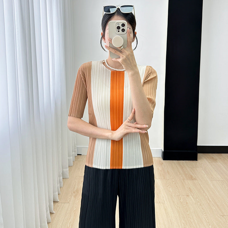 Sanzhai top for women 2023 Autumn New striped color matching straight slimming versatile pleated short sleeve t-shirt for women