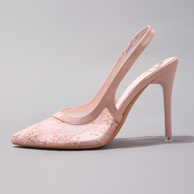 Fashion Lace Stitching High Heels Women's Summer Elegant Sexy Pointed Banquet Wedding Stiletto Sandals Cross-border Special