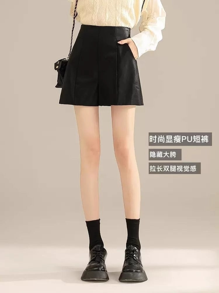 High-Waisted Leather Shorts for Women 2023 New Autumn and Winter A-Line Slimming Look Pu Leather Wide-Leg Pants Black Korean Style Outer Boot Pants