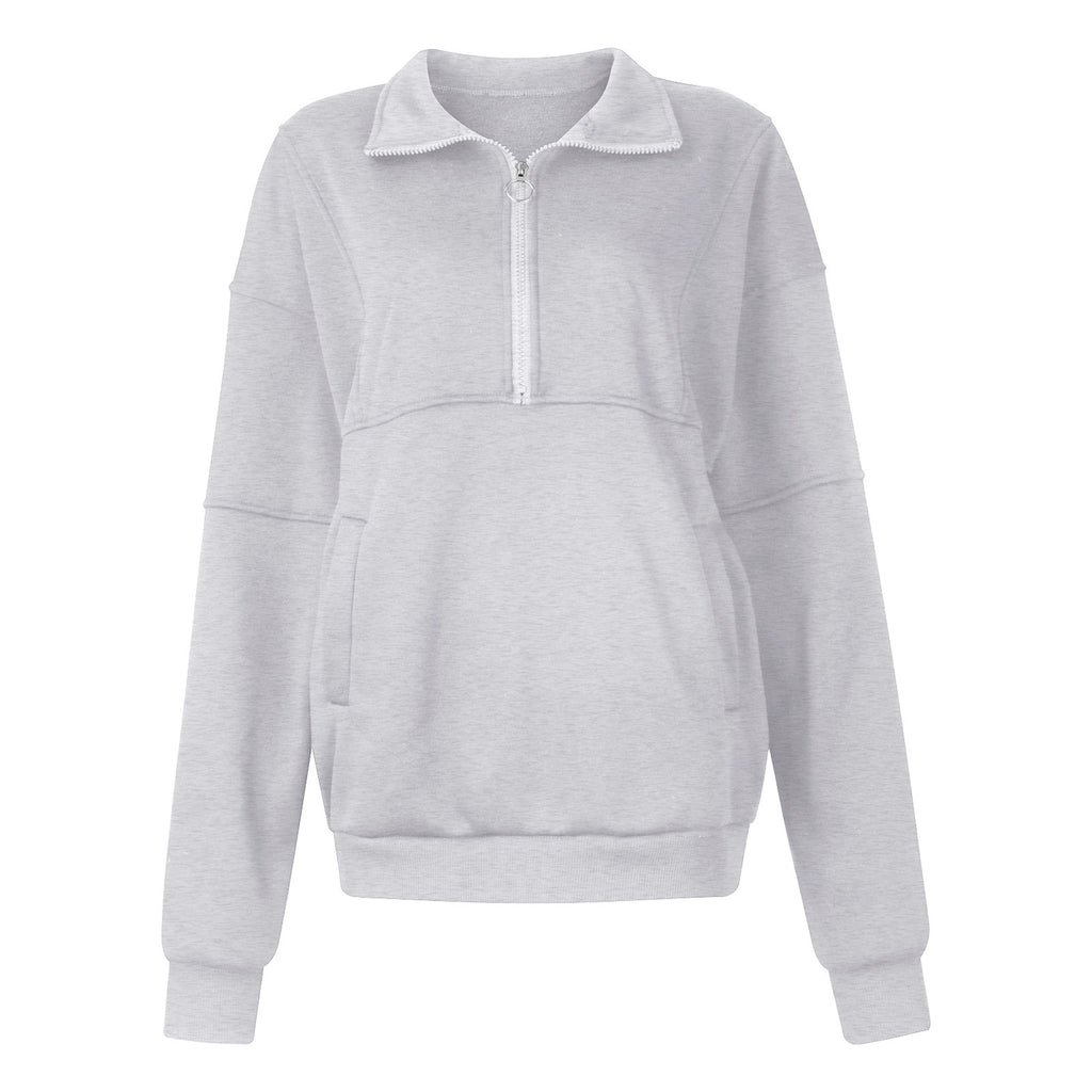 Cross-border 2023 new half-zipper sports sweater women wish Amazon loose pullover long sleeve solid color top women