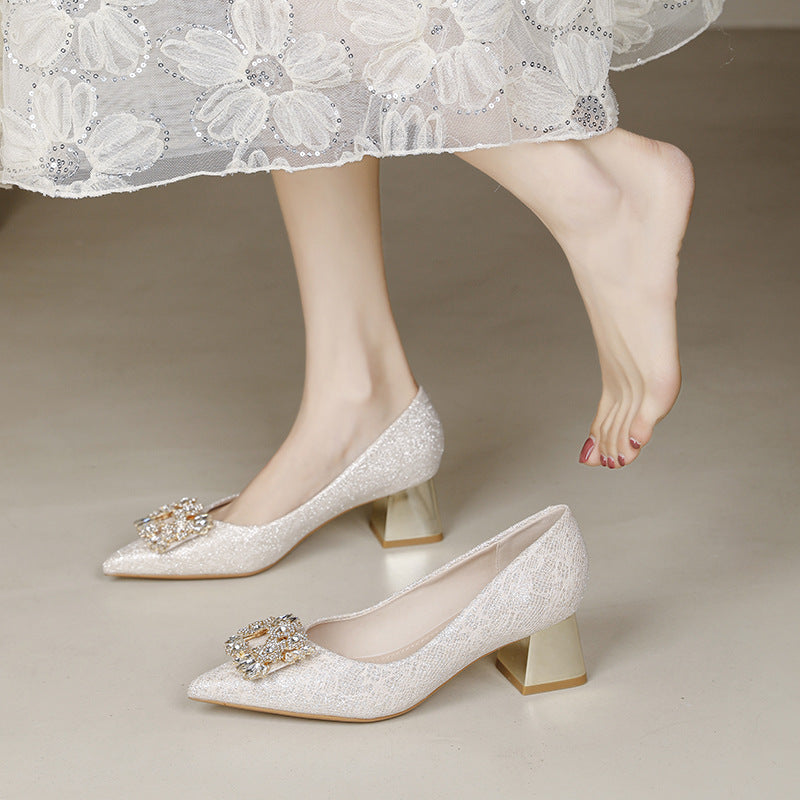 High Heels Women's Chunky Heel 2025 Spring and Summer New Pointed Mid-Heel Shoes Fashionable Breathable Water Diamond Buckle Wedding Shoes plus size