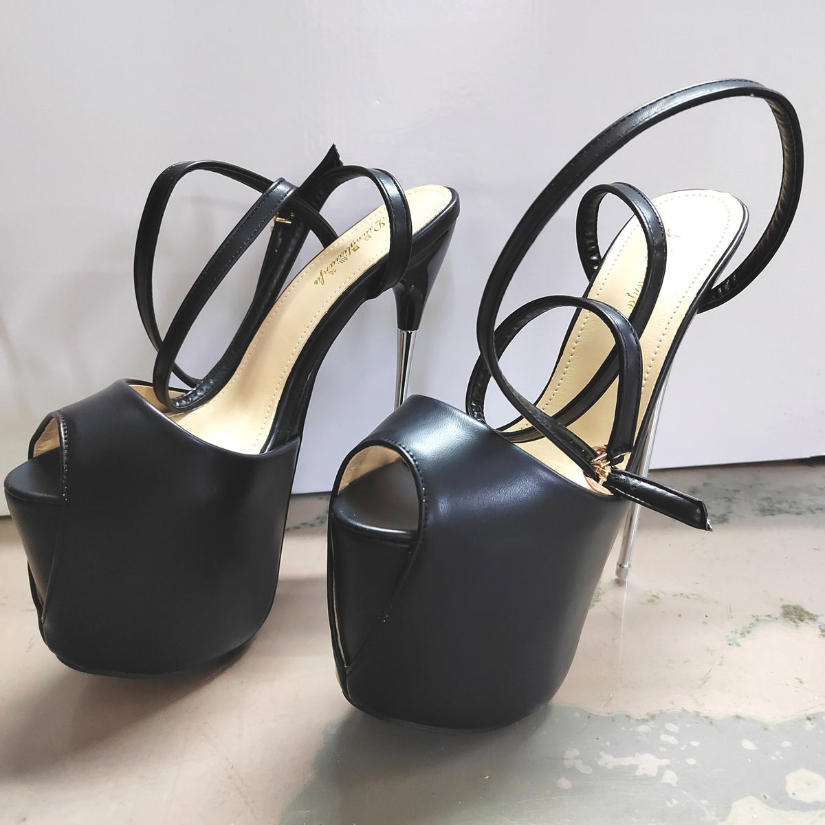 European and American Cross-Border New Style Thin Heel 19cm Steel Heel Strap Peep-Toe Large Size Sky-High Black High Heels Women's Shoes