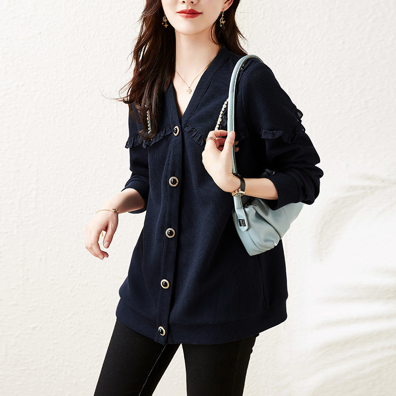 Real Shot of 2025 Autumn New Large Size Pearl Chain Edge Jacket Loose Fat Girl Women's Clothing