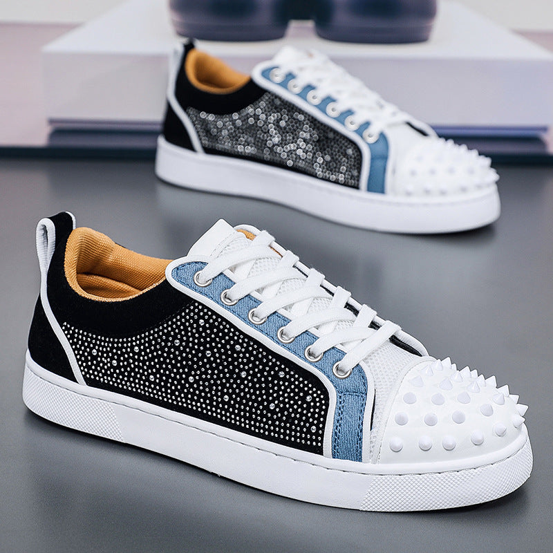 Men's Cl Red-Soled Casual Shoes with Cross-Border Rivets and Rhinestones, Nightclub Internet Celebrity Men's Shoes, Color-Blocking Hip-Hop Sneakers