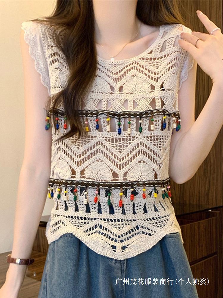 Vintage Crochet Hollow Knitted Vest Outer Wear Sling Outer Wear Blouse Holiday Style Design Sense Top 414 Flying Sleeves