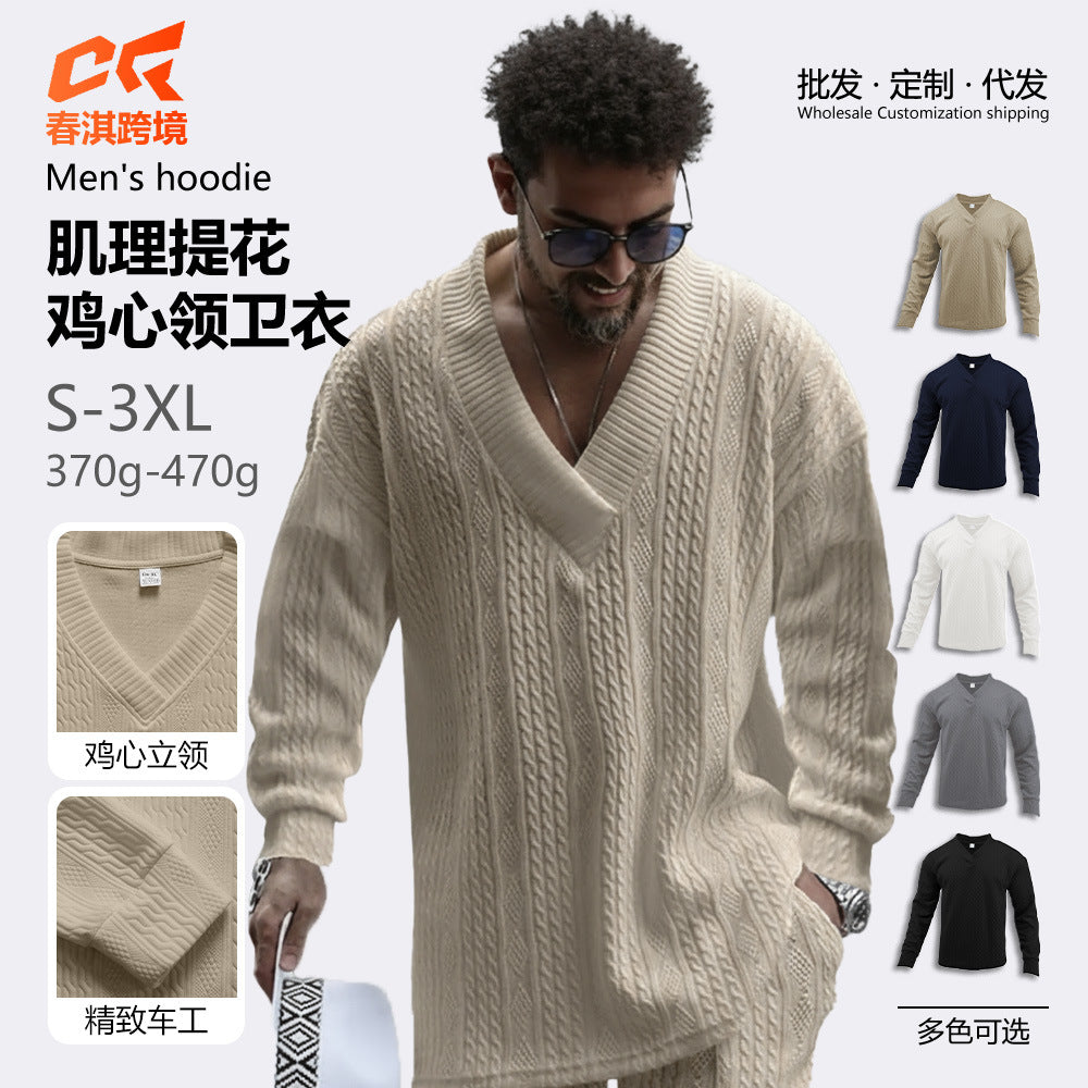 Amazon Cross-Border European and American Spring and Autumn Men's Jacquard Solid Color Base Shirt Loose Casual V-Neck Long-Sleeve Knit Sweater for Men